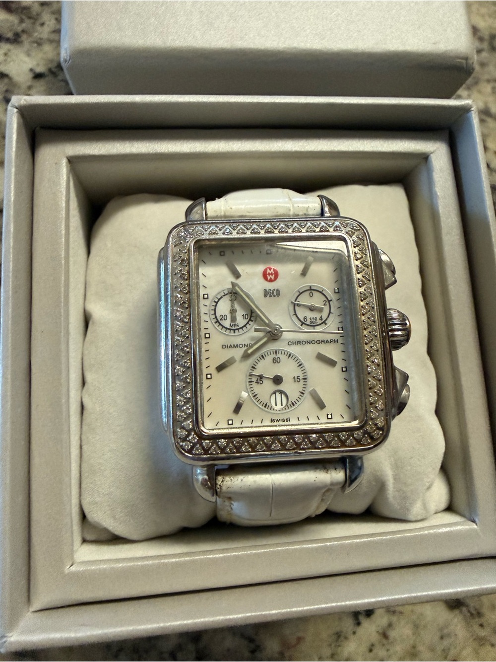 Michele White Diamond-Accented Square Chronograph Watch